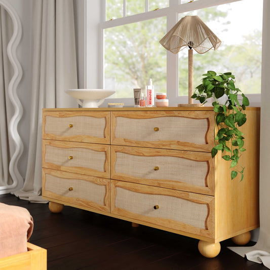 Grappa 62" Natural Wood & Raffia Wavy 6-Drawer Dresser by TOV Furniture – photo 2 of 9