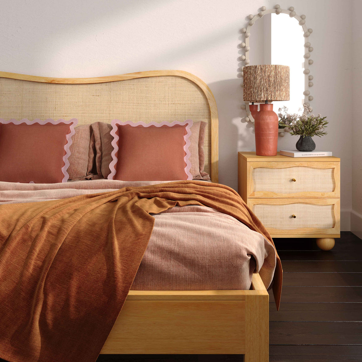 Grappa Natural Wood & Raffia Bed by TOV Furniture – several sizes shown