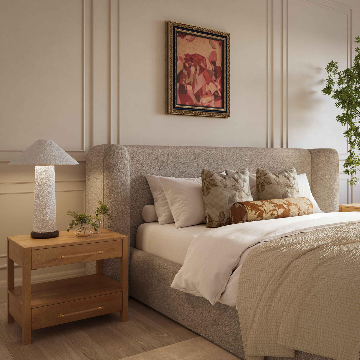 Babette Tan Contract-Grade Boucle Bed by TOV Furniture – several sizes shown