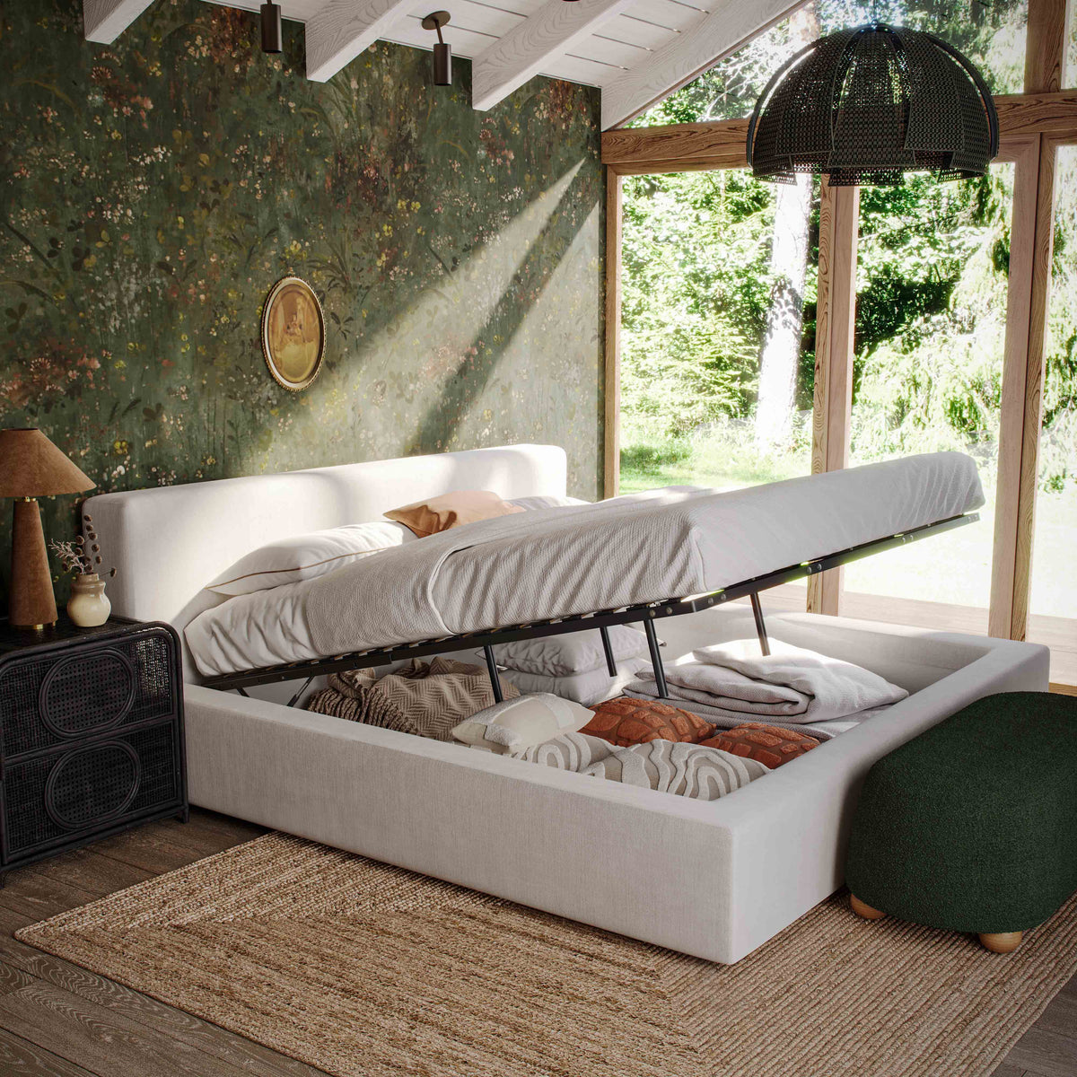 Meena Cream Upcycled Performance Linen Storage Bed by TOV Furniture – several sizes shown