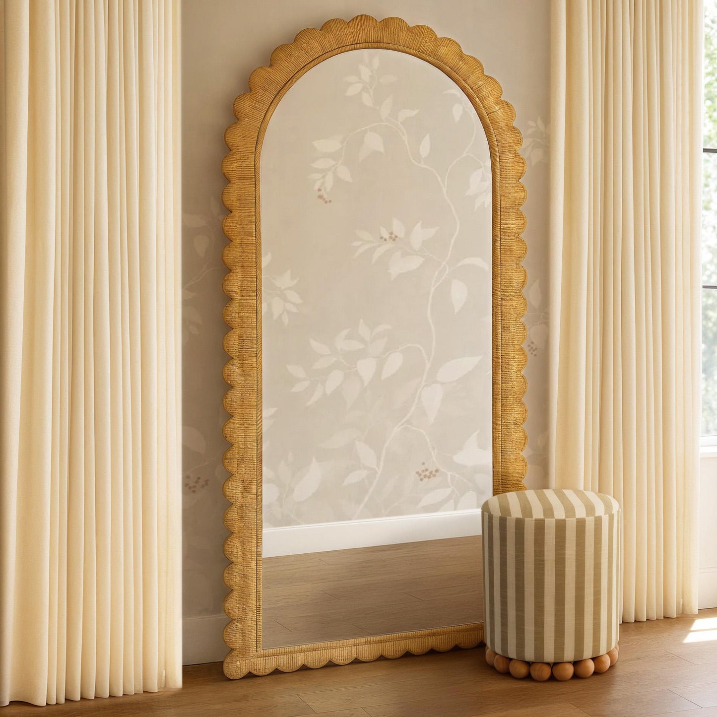 Bama 48" x 79" Jumbo Natural Rattan Arched Wall Mirror Natural by Tov Furniture