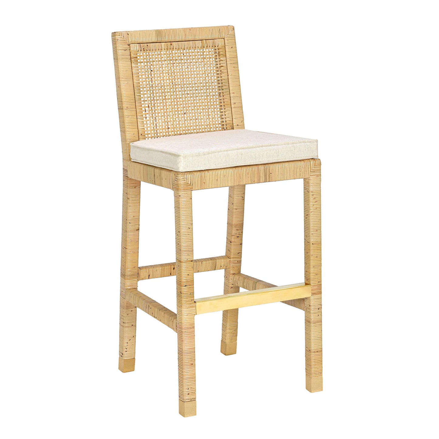 Amara Rattan &amp; Cream Contract-Grade Linen Stool Cream, Natural Bar Height by Tov Furniture