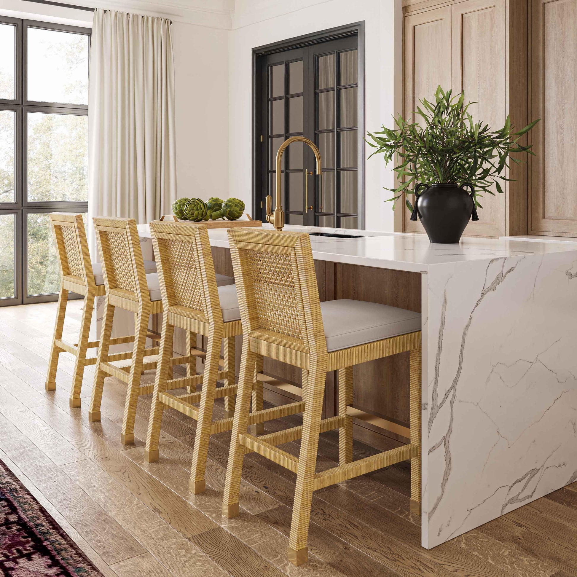 Amara Rattan &amp; Cream Contract-Grade Linen Stool Cream, Natural Bar Height by Tov Furniture