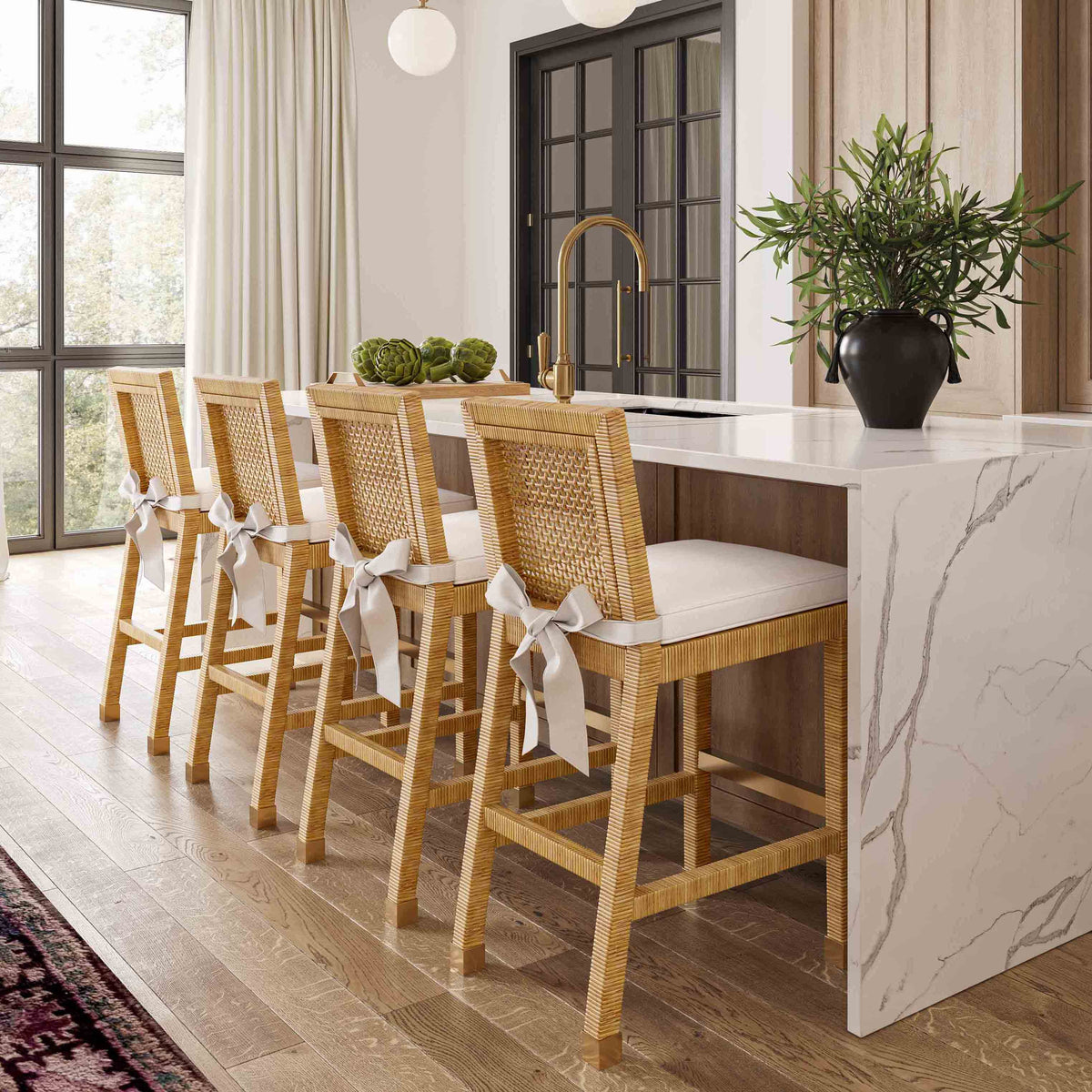 Amara Woven Rattan Performance Fabric Stool by TOV Furniture – several sizes shown