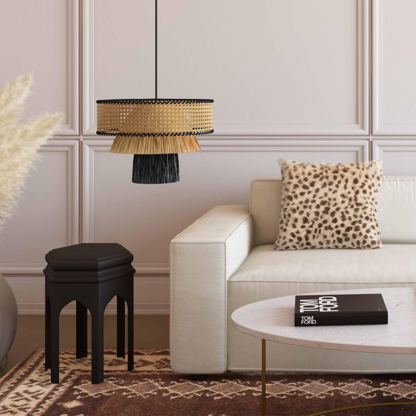 Rylie Natural &amp; Black Raffia Pendant Lamp Black, Natural by Tov Furniture