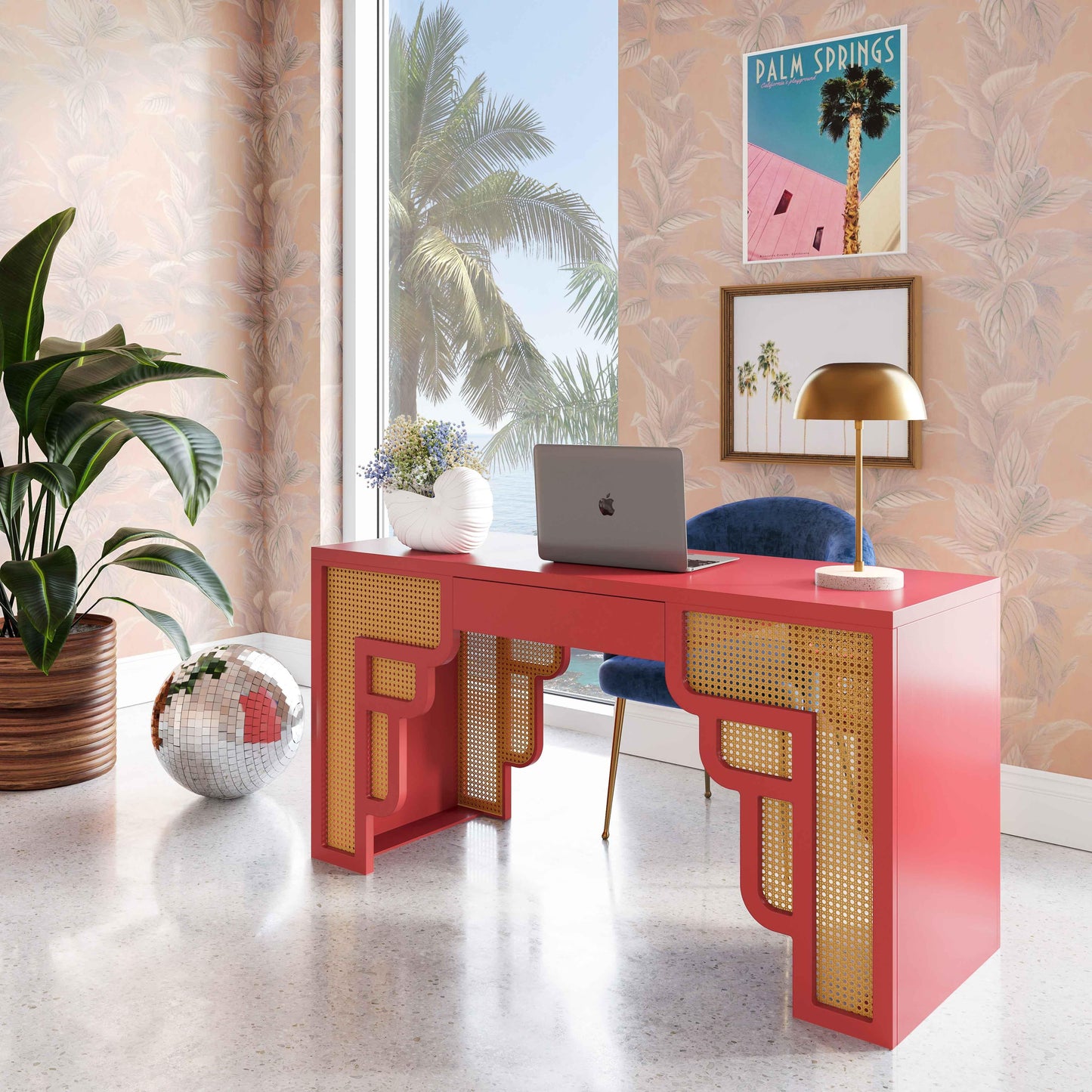 Suzie 62" Rattan Executive Desk With Drawer Pink by Tov Furniture