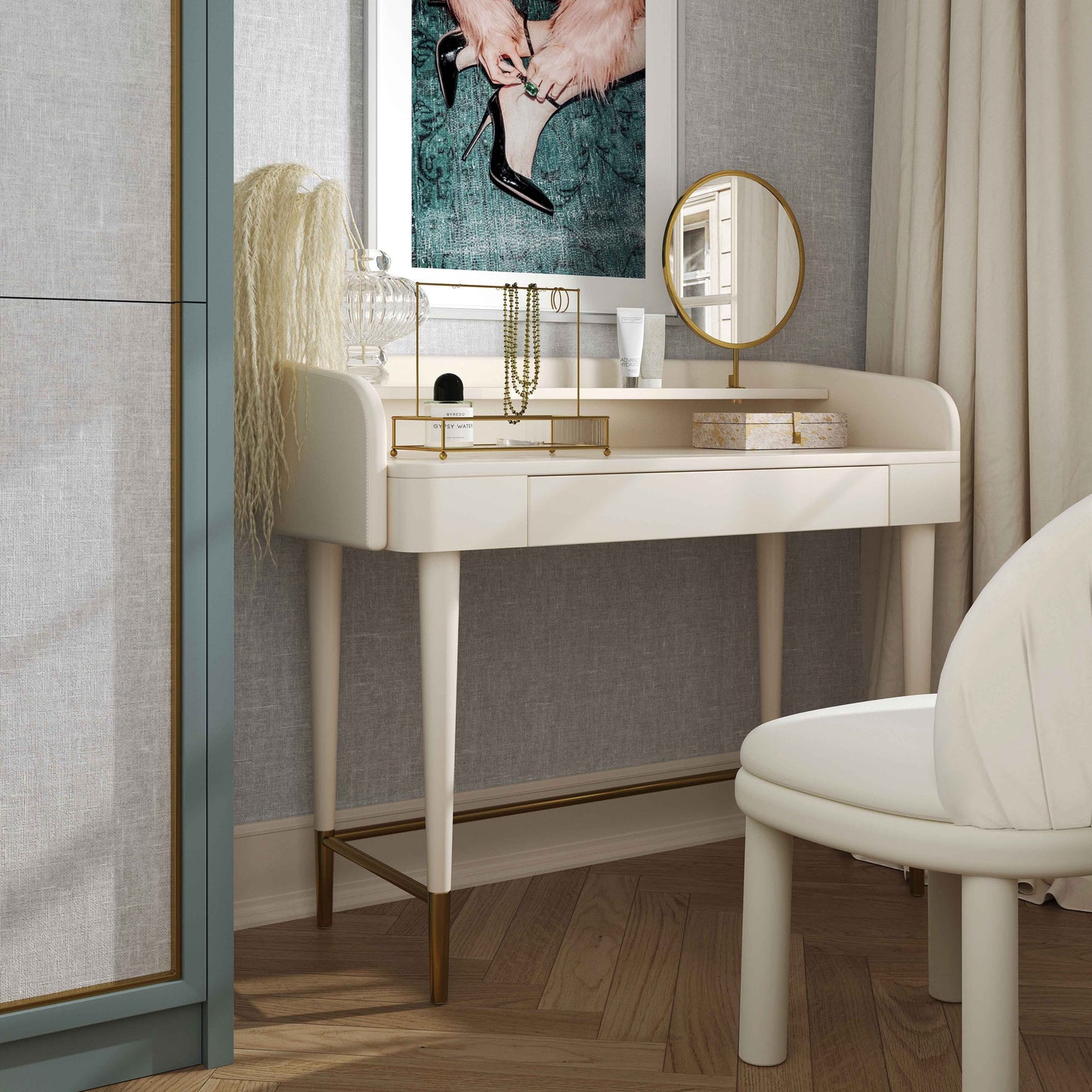 Penelope 45" Vegan Leather Wrapped Vanity Desk With Drawer Cream by Tov Furniture