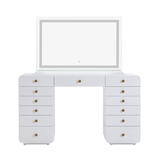 Hollywood 56" White Desk with LED Panel Vanity Mirror White Large by Tov Furniture