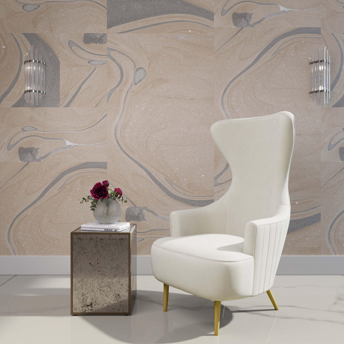 Julia Performance Velvet Channel Tufted Wingback Accent Chair in Cream by TOV Furniture – photo 2 of 7