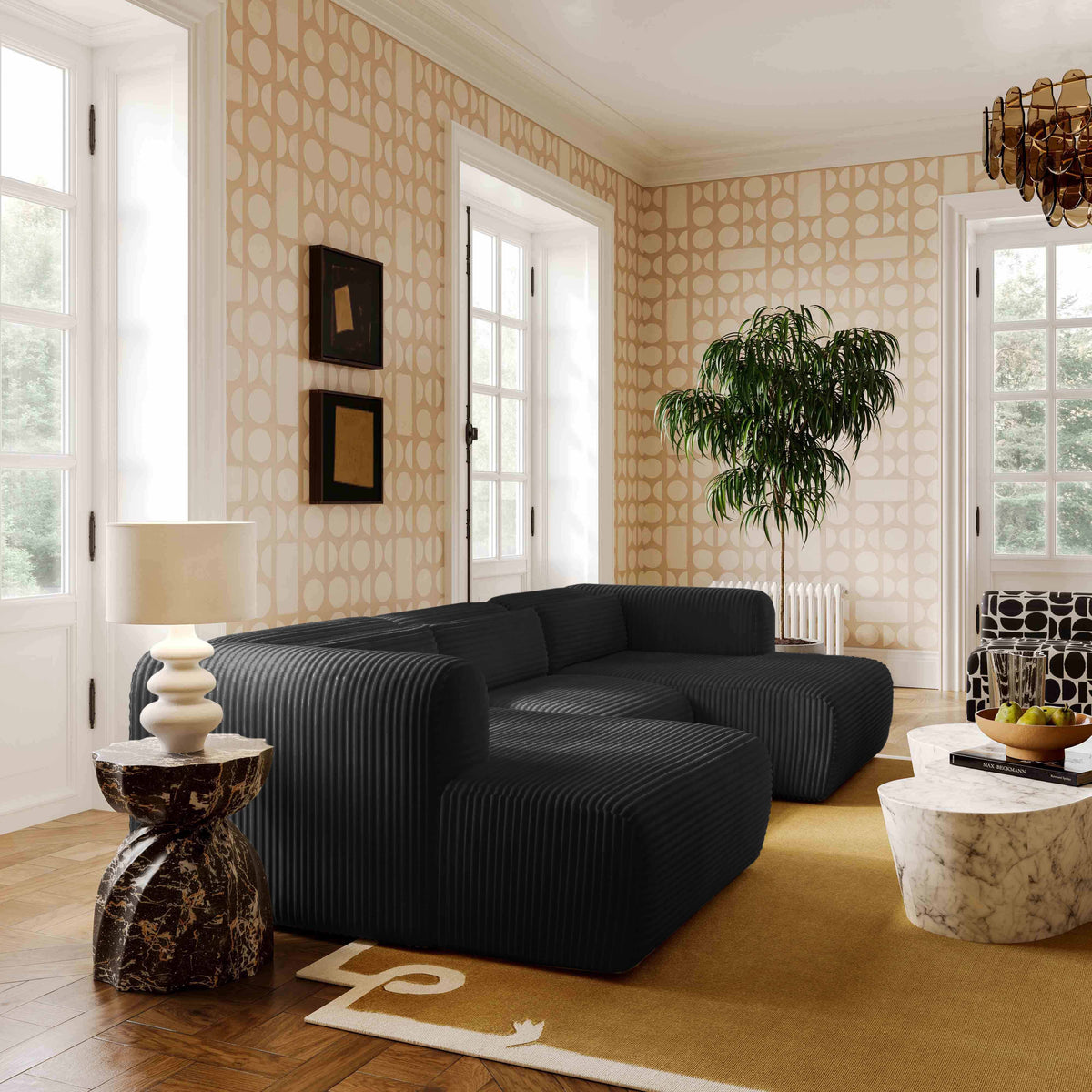 Tarra 4-Piece Fluffy Oversized Black Corduroy Modular U-Sectional by TOV Furniture – photo 2 of 7