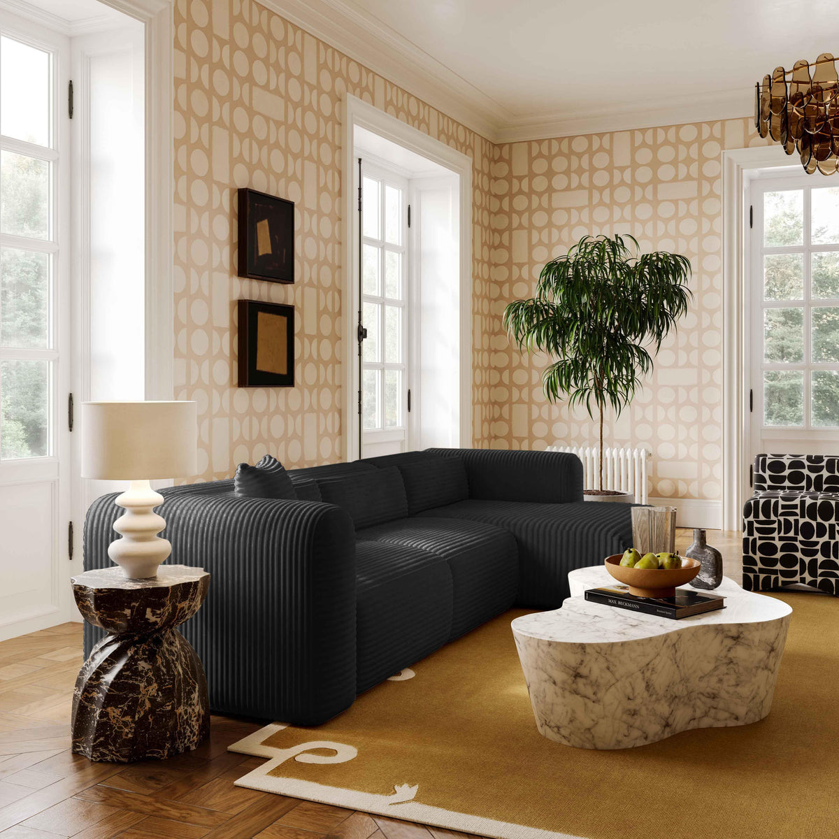 Tarra Fluffy Oversized Black Performance Corduroy Modular Armless Chair by TOV Furniture – photo 2 of 6