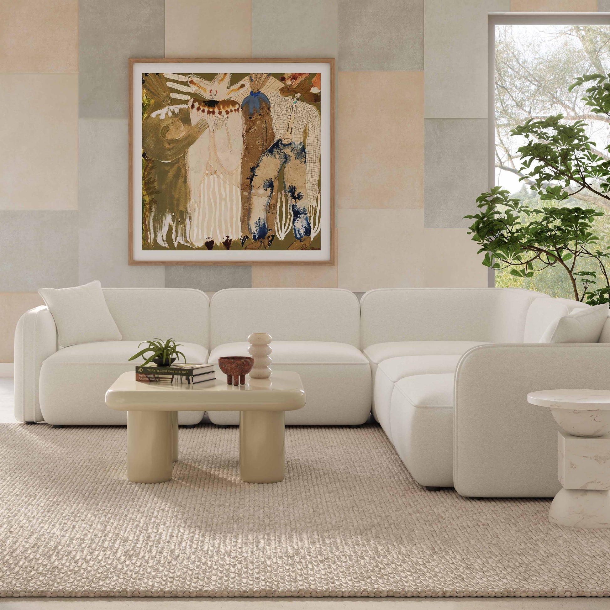 Travie 5-Piece Sand Upcycled Performance Linen Modular L-Sectional Sand by Tov Furniture