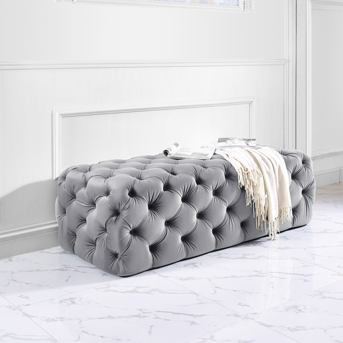 Kaylee Grey Performance Velvet Tufted Jumbo Ottoman by TOV Furniture – photo 2 of 6