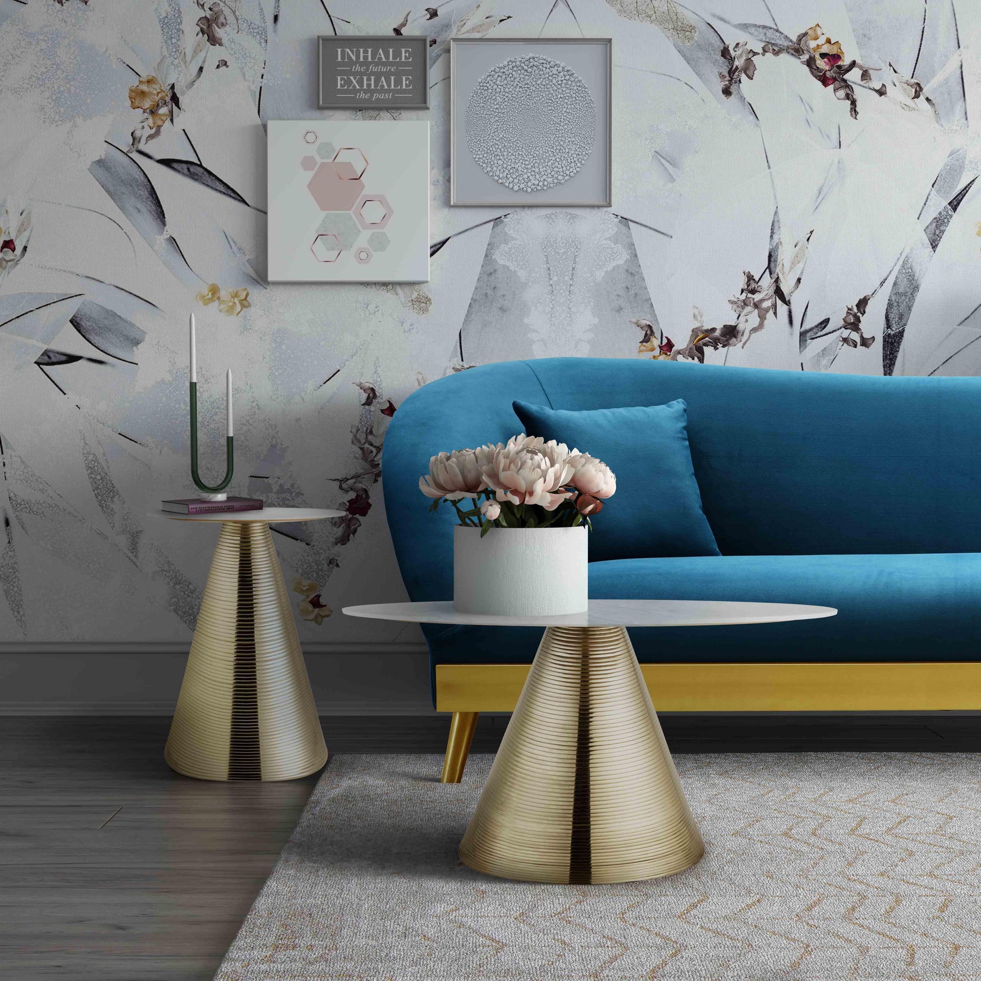Tempo Marble Round Side Table Gold, White Marble by Tov Furniture