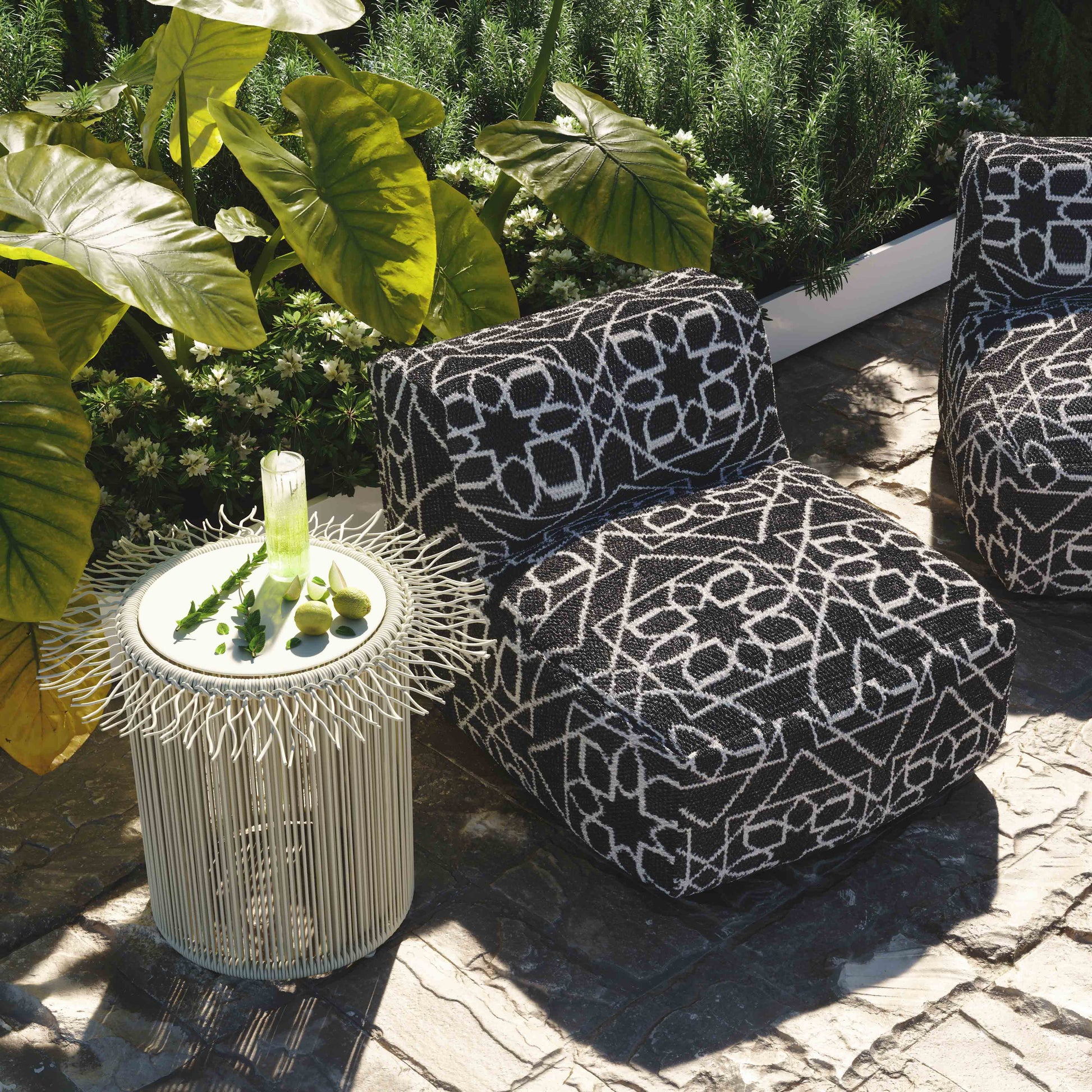Chiara Indoor/Outdoor Black Accent Pouf Black and White by Tov Furniture