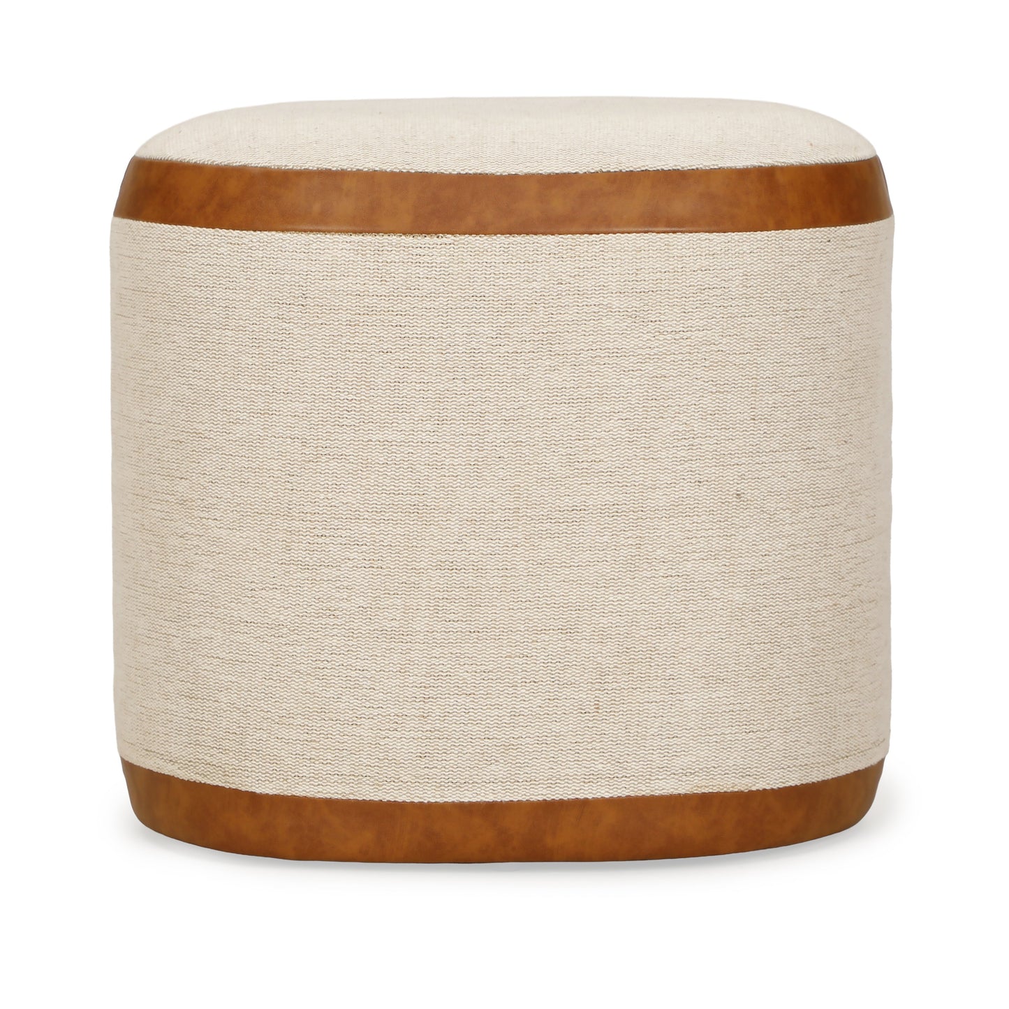 Huche Cotton Jute and Vegan Leather Oval Contract-Grade Pouf Natural, Saddle Brown by Tov Furniture