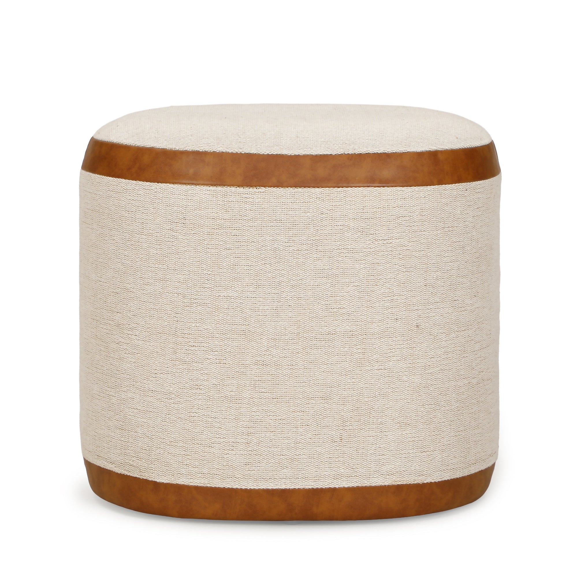 Huche Cotton Jute and Vegan Leather Oval Contract-Grade Pouf Natural, Saddle Brown by Tov Furniture
