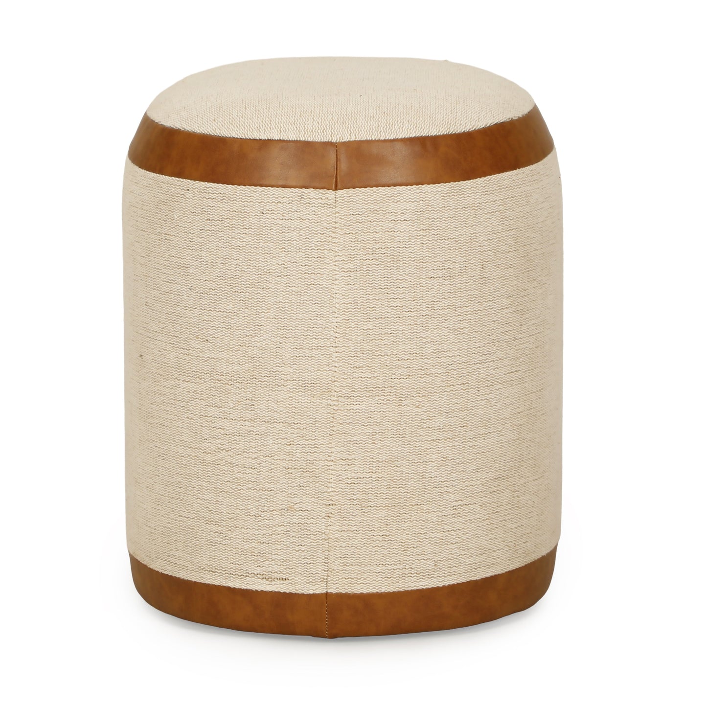 Huche Cotton Jute and Vegan Leather Oval Contract-Grade Pouf Natural, Saddle Brown by Tov Furniture