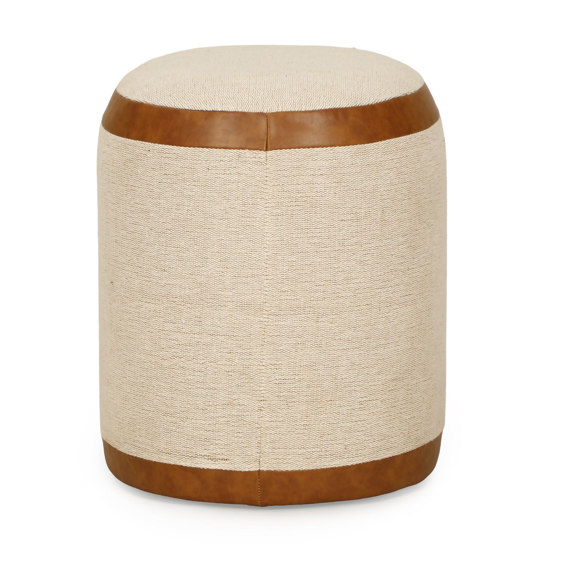 Huche Cotton Jute and Vegan Leather Oval Contract-Grade Pouf Natural, Saddle Brown by Tov Furniture