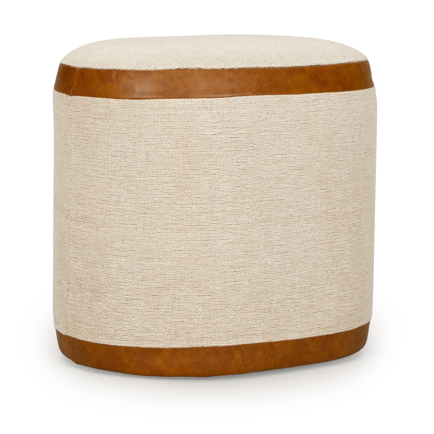 Huche Cotton Jute and Vegan Leather Oval Contract-Grade Pouf Natural, Saddle Brown by Tov Furniture