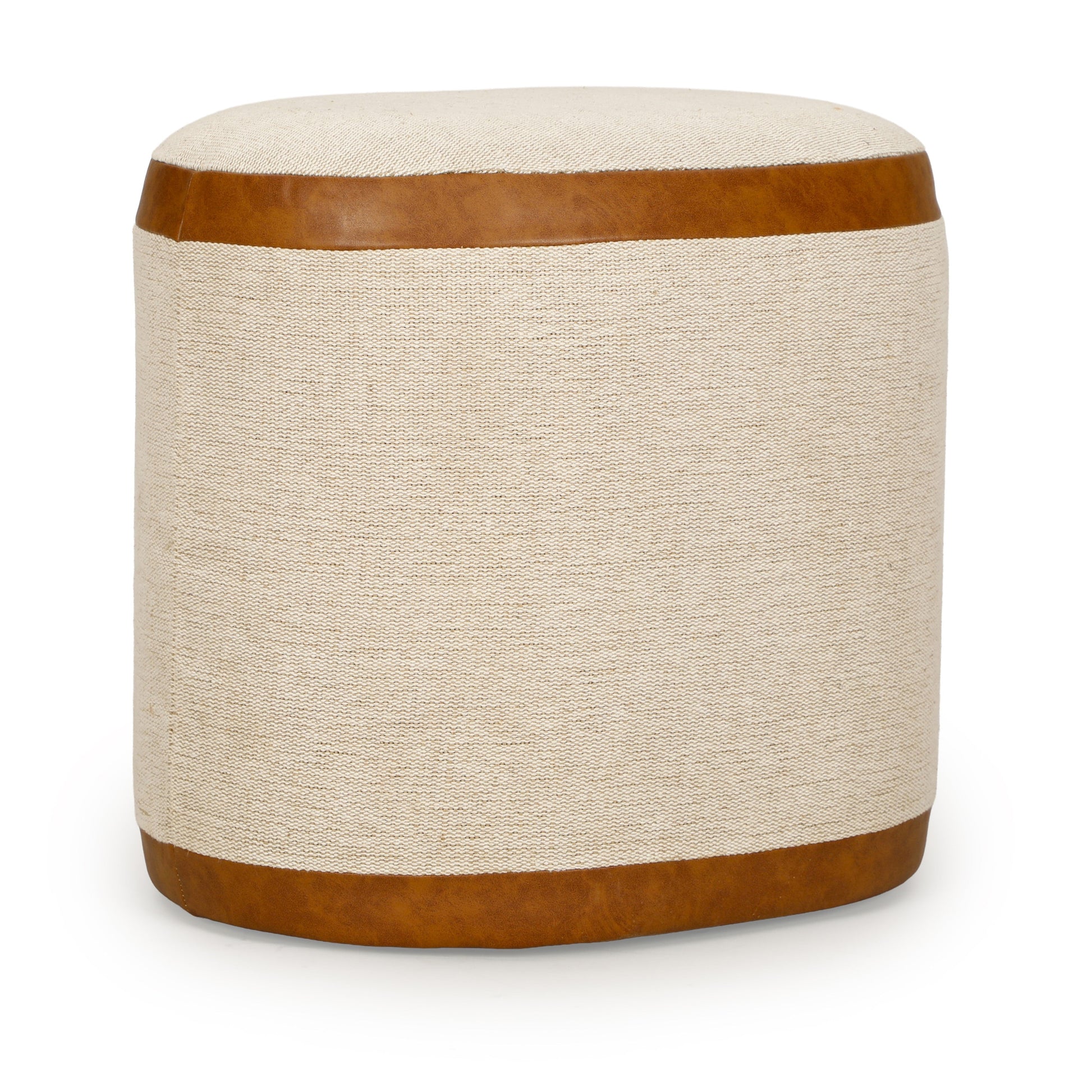 Huche Cotton Jute and Vegan Leather Oval Contract-Grade Pouf Natural, Saddle Brown by Tov Furniture