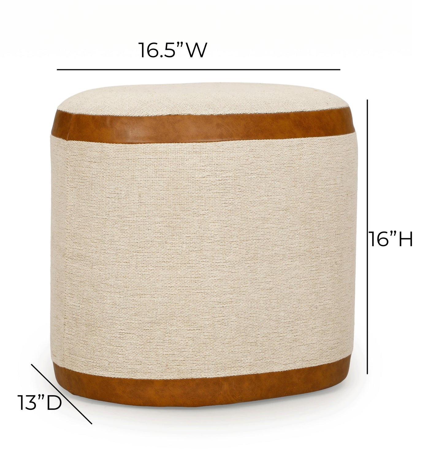 Huche Cotton Jute and Vegan Leather Oval Contract-Grade Pouf Natural, Saddle Brown by Tov Furniture