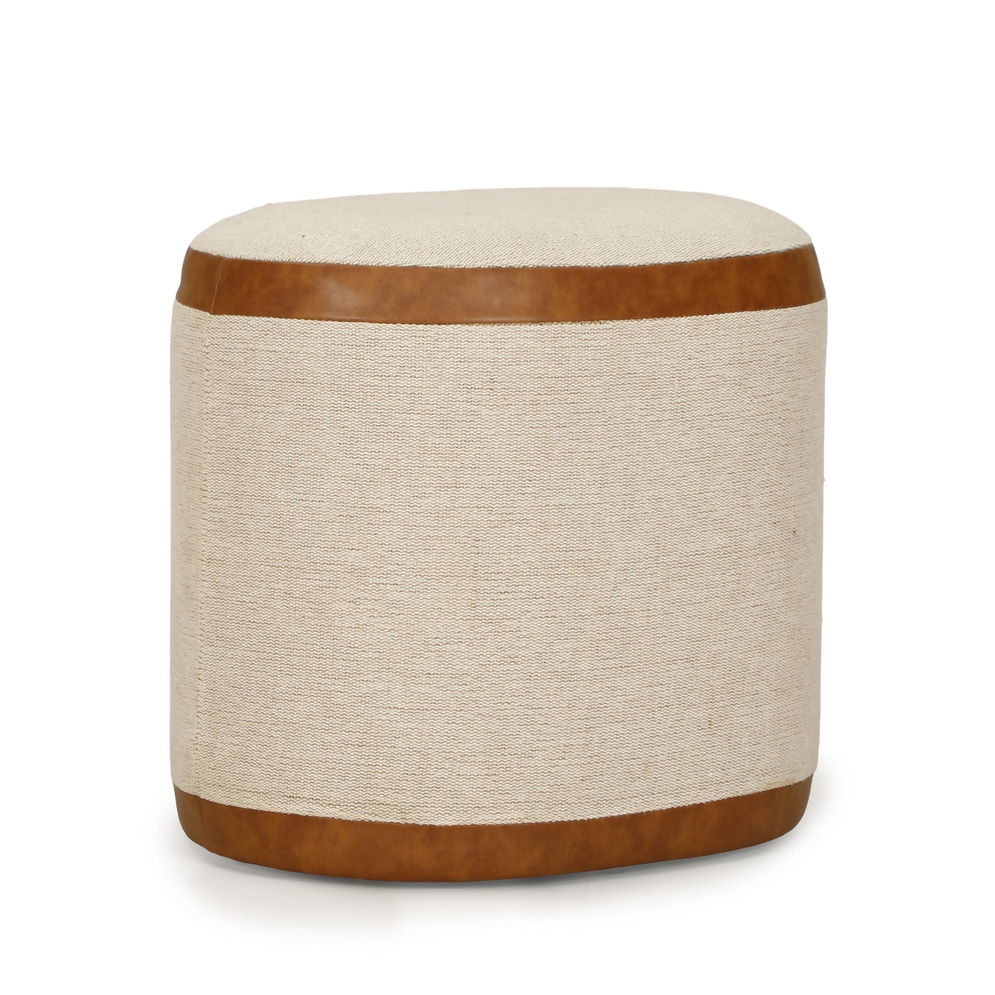 Huche Cotton Jute and Vegan Leather Oval Contract-Grade Pouf Natural, Saddle Brown by Tov Furniture
