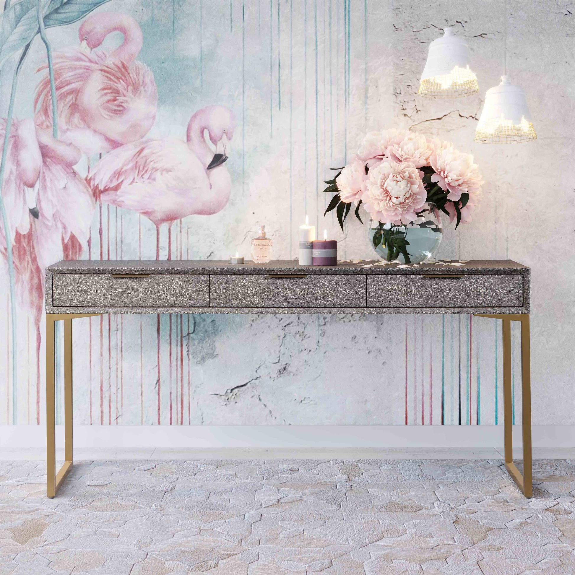 Pesce 59" Shagreen 3 Drawer Console Table Grey by Tov Furniture
