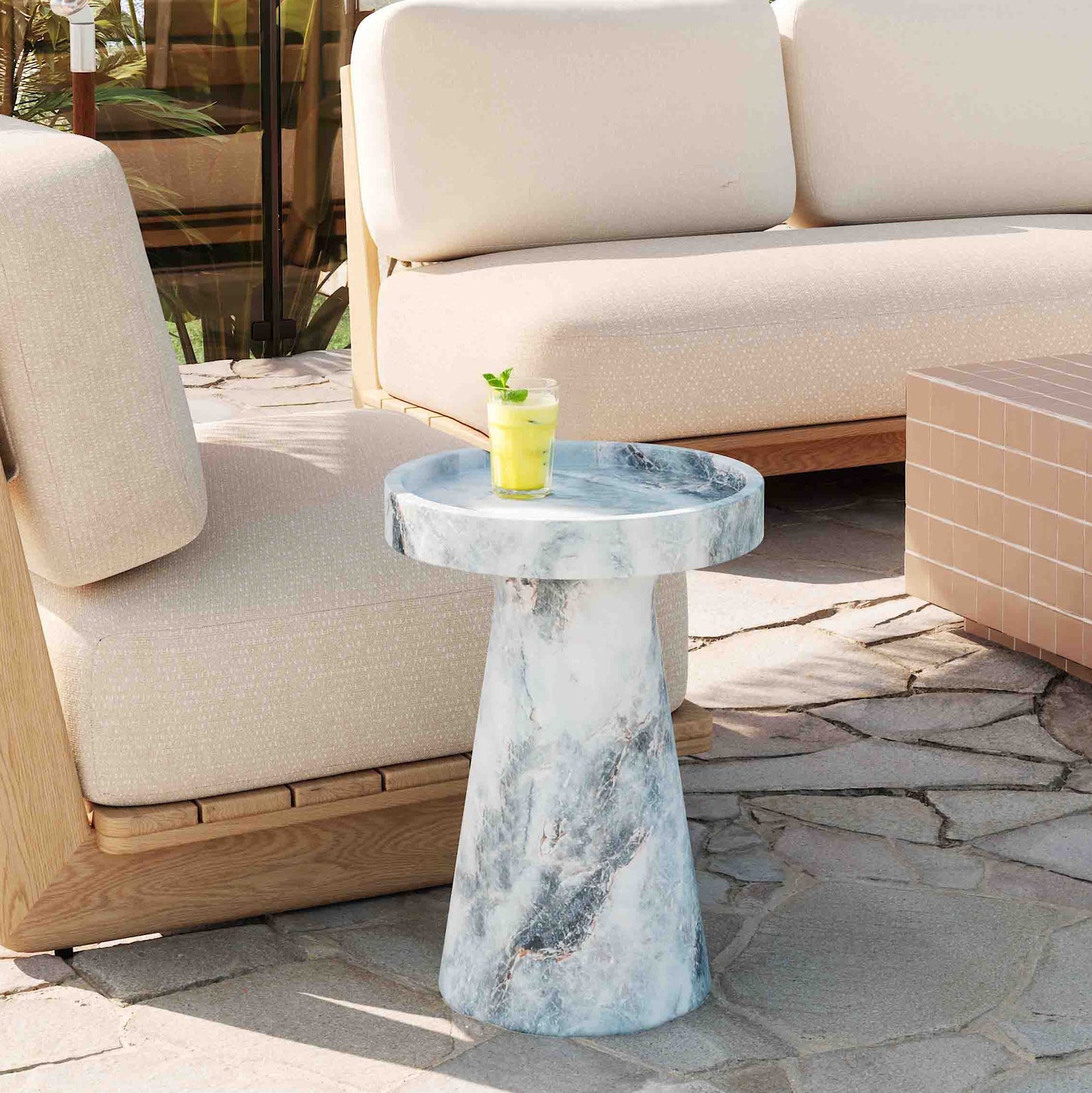Zara Faux Aegean Marble Indoor/Outdoor Side Table Blue, White by Tov Furniture