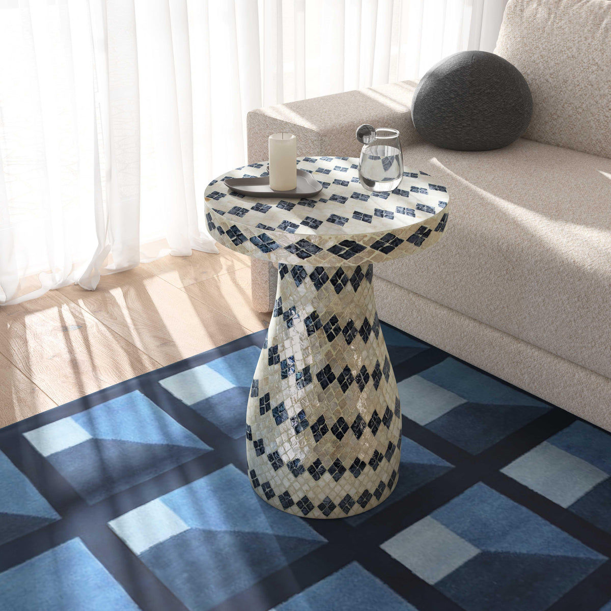 Halio Cream & Blue Checkered Shell Side Table by TOV Furniture – photo 2 of 7
