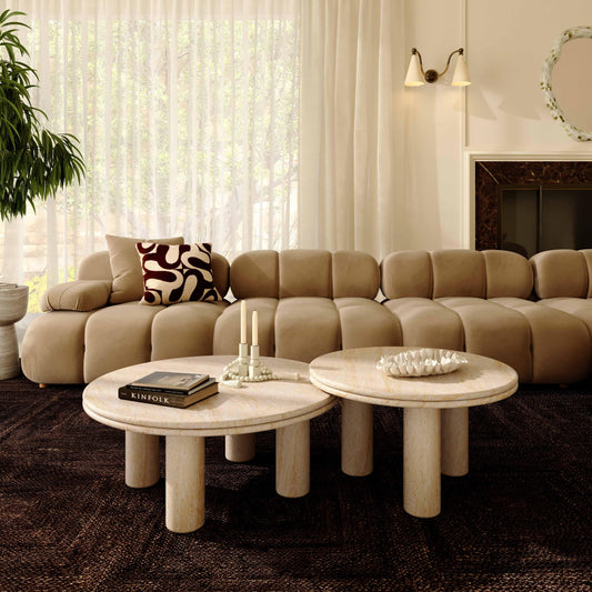 Amora Faux Travertine Indoor/Outdoor Round Accent Table (26"-32") by TOV Furniture – several sizes shown