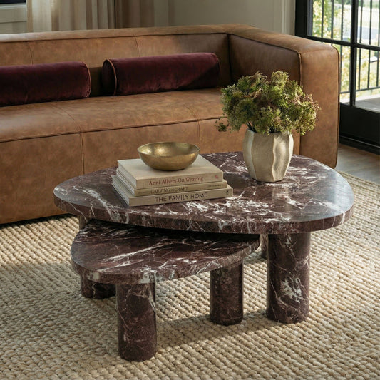 Libby Faux Red Levanto Marble Indoor/Outdoor Coffee Table (36"-48") by TOV Furniture – several sizes shown