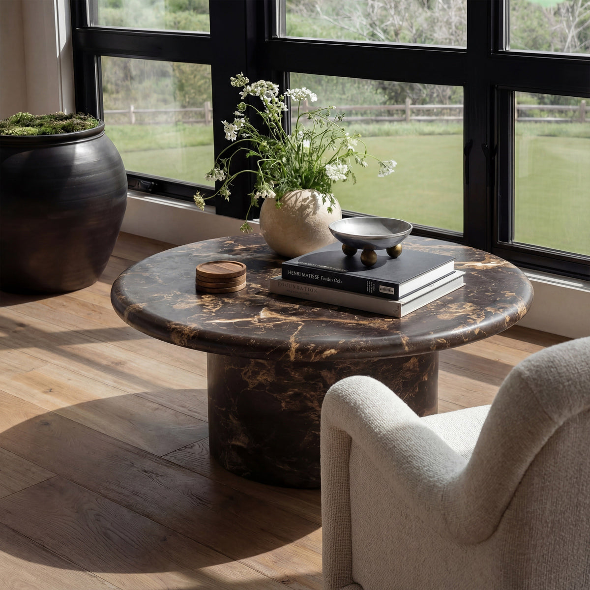 Byron 36" Dark Brown Faux Marble Indoor/Outdoor Concrete Round Coffee Table by TOV Furniture – photo 2 of 8