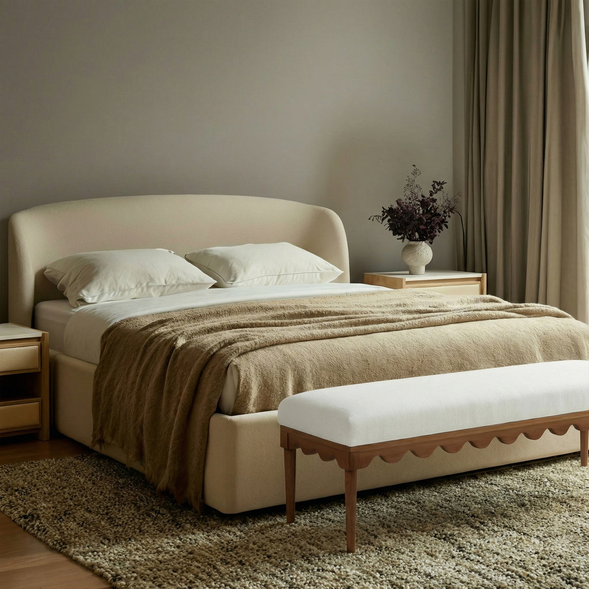 Oodle 56.5" Cream Vegan Mohair Bench in Walnut by TOV Furniture – photo 2 of 5
