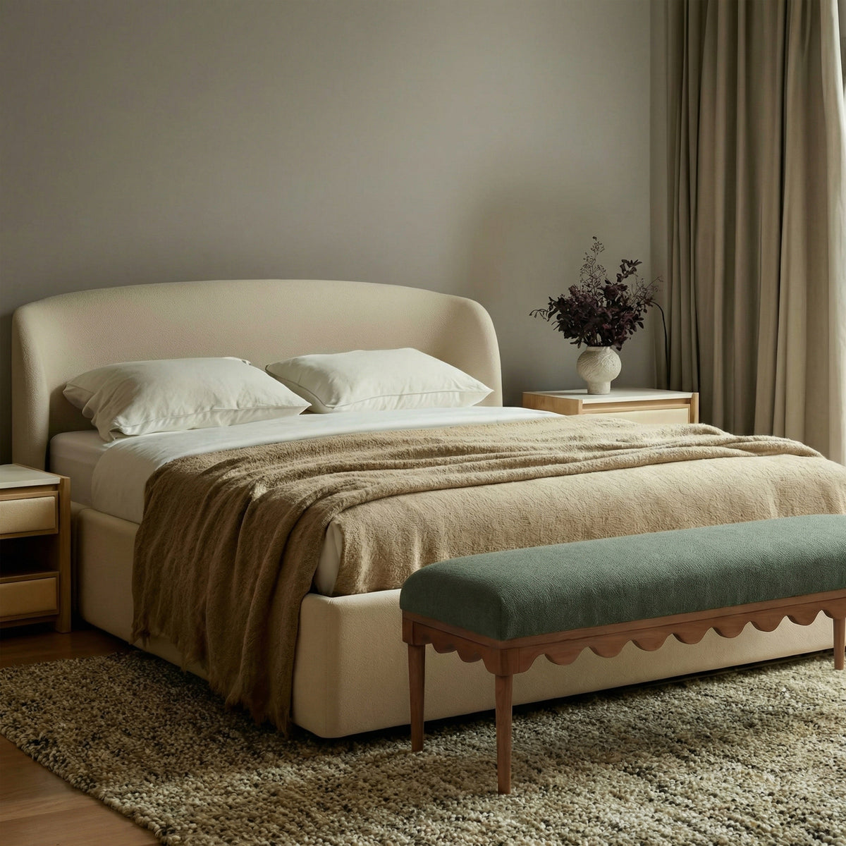 Oodle 56.5" Green Vegan Mohair Bench in Walnut by TOV Furniture – photo 2 of 5