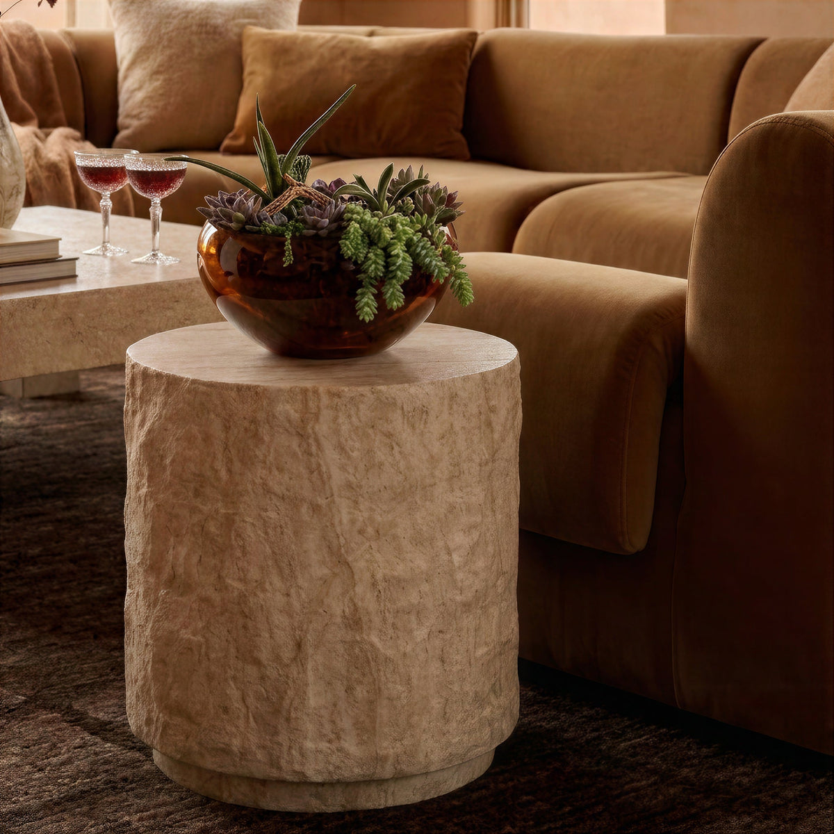 Roxanne Faux Travertine Indoor/Outdoor Concrete Side Table by TOV Furniture – photo 2 of 6