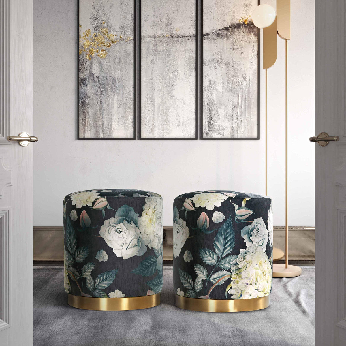 Opal Floral Performance Velvet Ottoman - Gold Base by TOV Furniture – photo 2 of 6