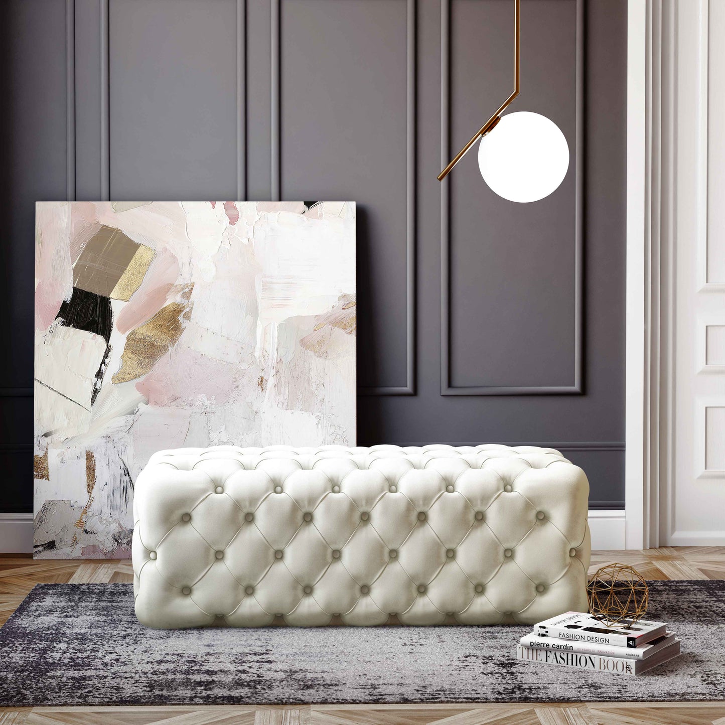 Kaylee 49" Performance Velvet Tufted Jumbo Ottoman Cream by Tov Furniture