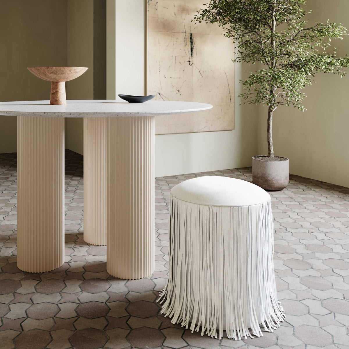 Shag Me Ivory Performance Vegan Leather Ottoman by TOV Furniture – photo 2 of 5