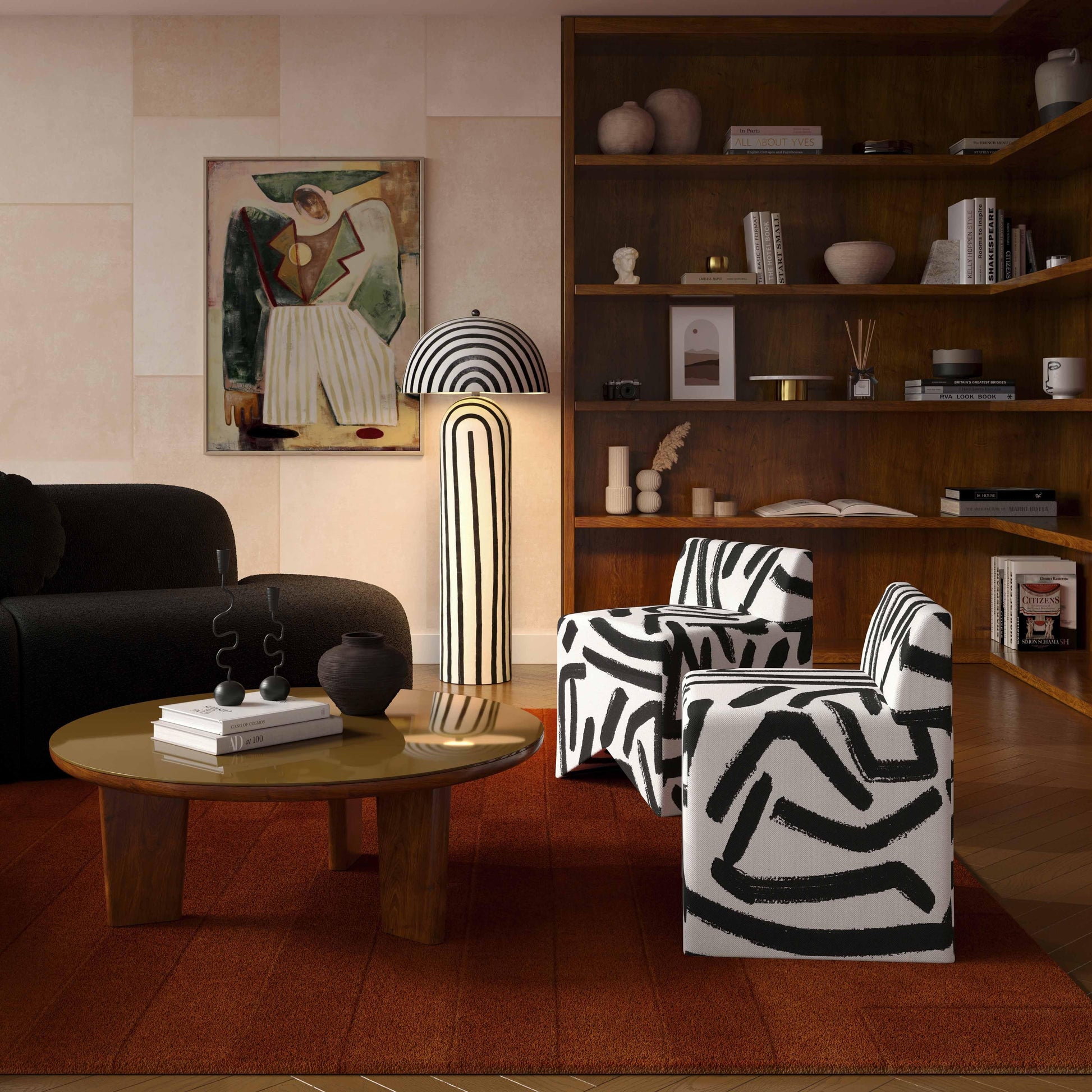 Pippa Black Brushstroke Print Contract Grade Accent Stool Black and White by Tov Furniture