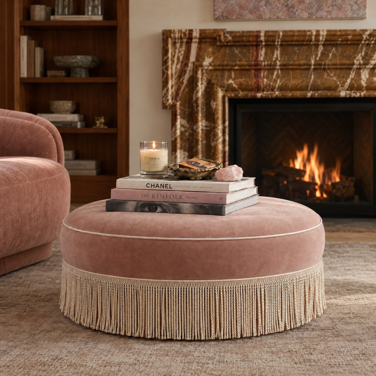 Tassy Pink Tasseled Round Ottoman by TOV Furniture – photo 2 of 7