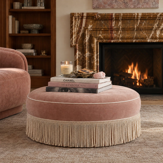 Tassy Pink Tasseled Round Ottoman by TOV Furniture – photo 2 of 7