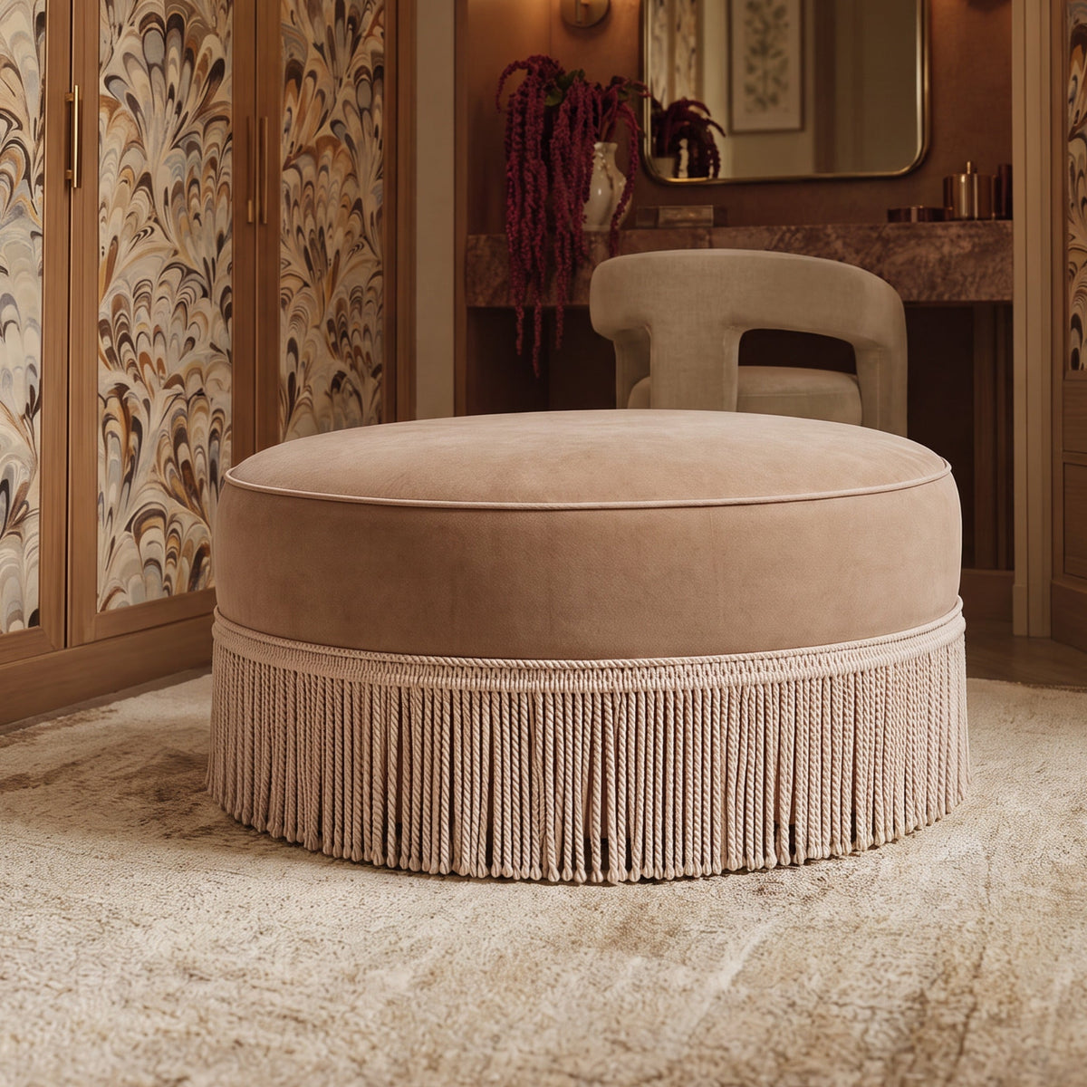 Tassy Tan Tasseled Round Ottoman by TOV Furniture – photo 2 of 7