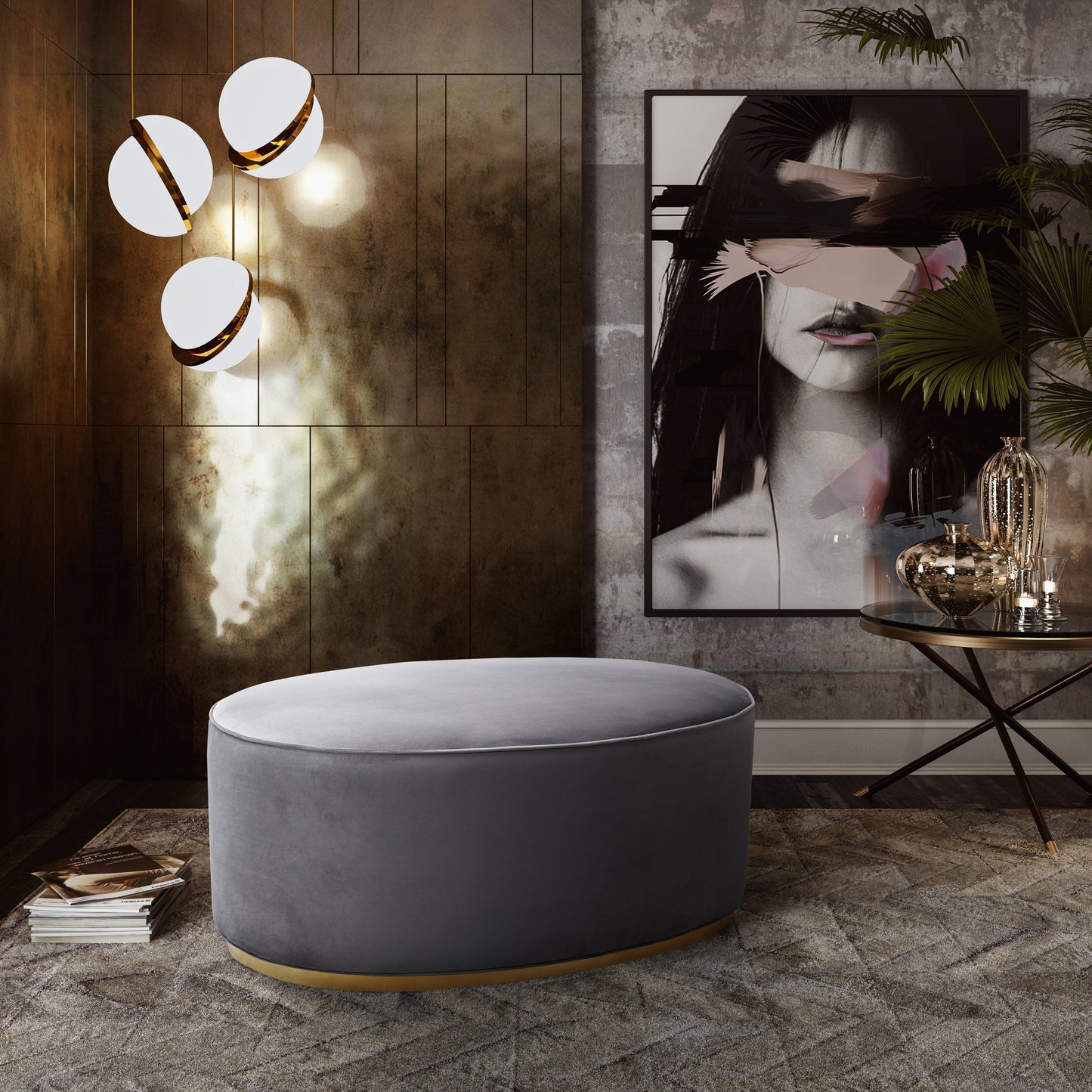 Scarlett Performance Velvet Oval Ottoman Grey by Tov Furniture