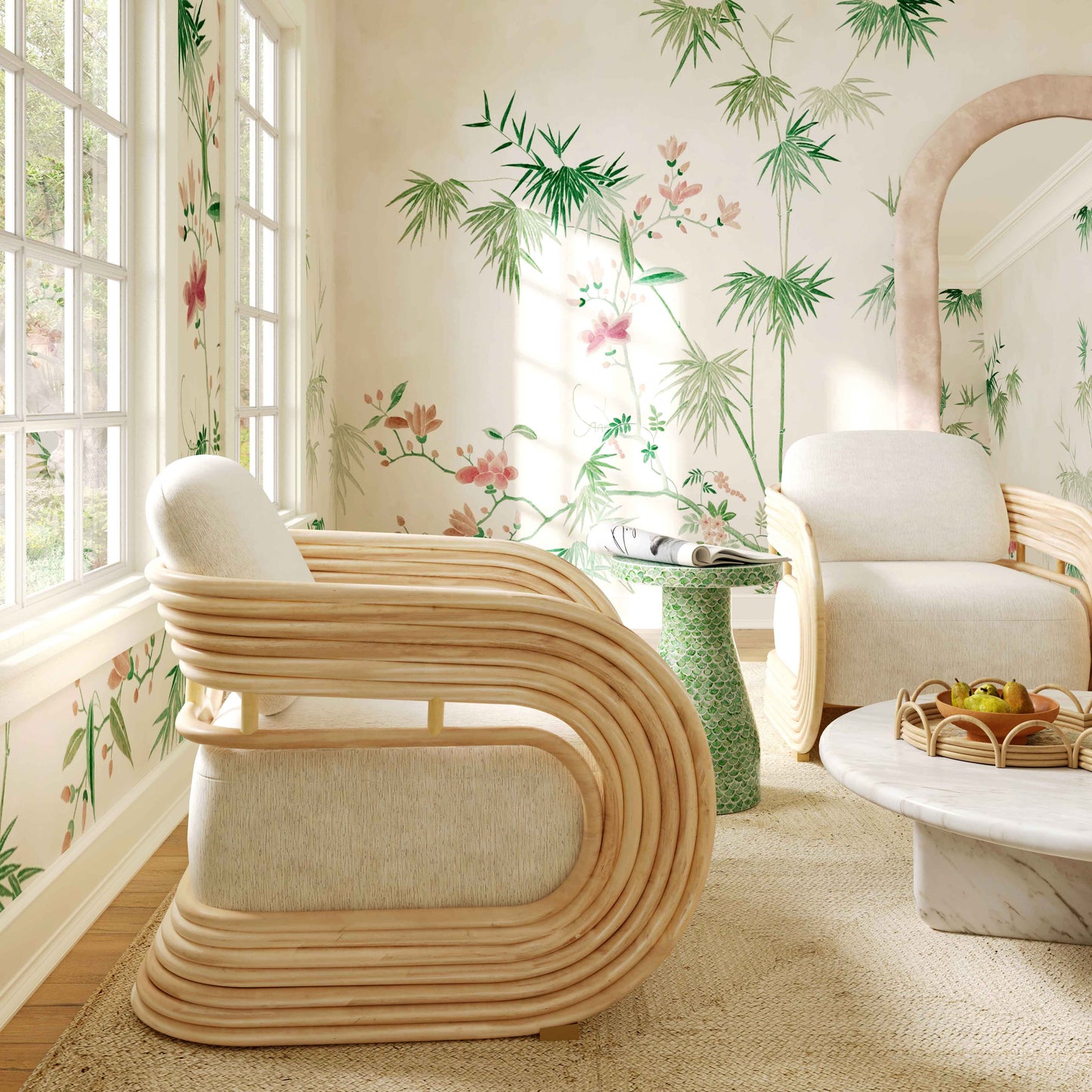 Lauretta Cream Performance Fabric and Natural Rattan Accent Chair Cream, Natural by Tov Furniture