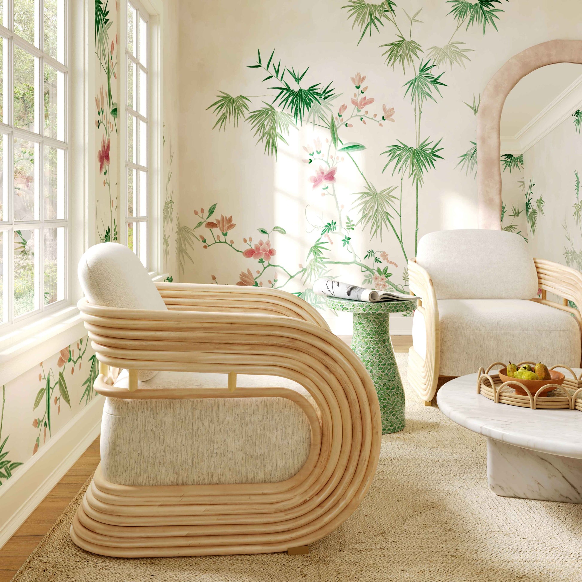 Lauretta Cream Performance Fabric and Natural Rattan Accent Chair Cream, Natural by Tov Furniture