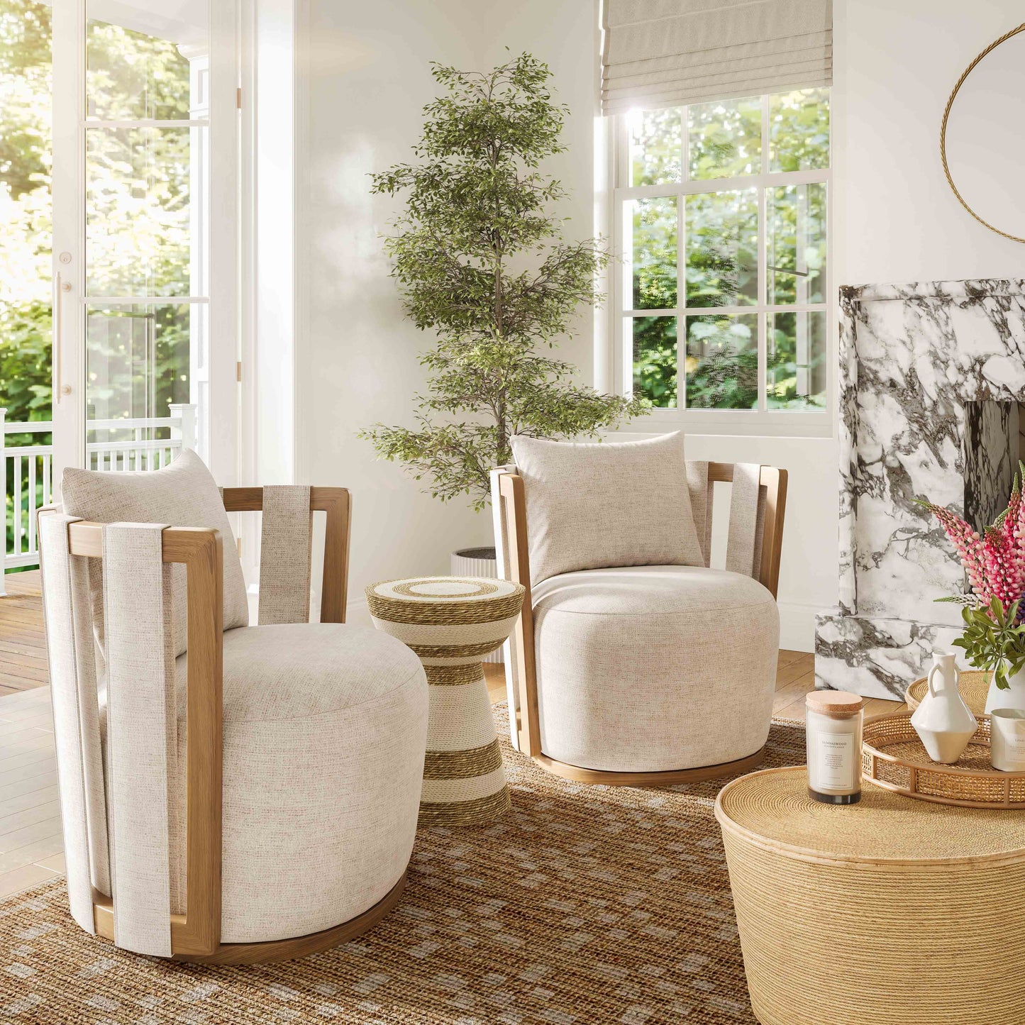 Paolo Textured Contract-Grade Weave Fabric Swivel Accent Chair Cream by Tov Furniture