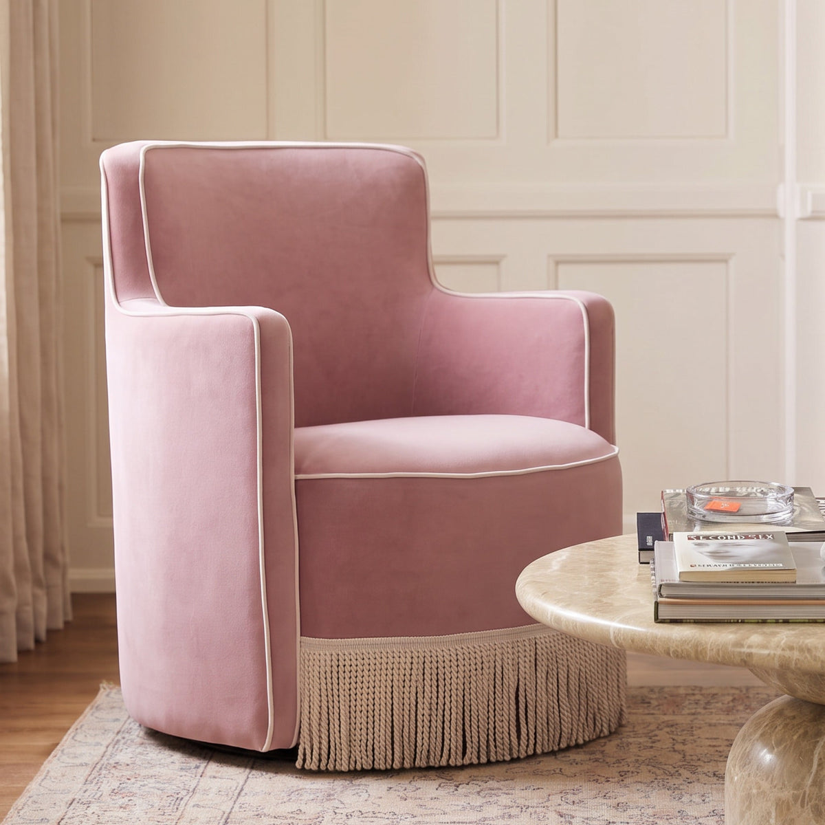 Passe Tasseled Velvet Swivel Accent Chair in Pink by TOV Furniture – photo 2 of 9