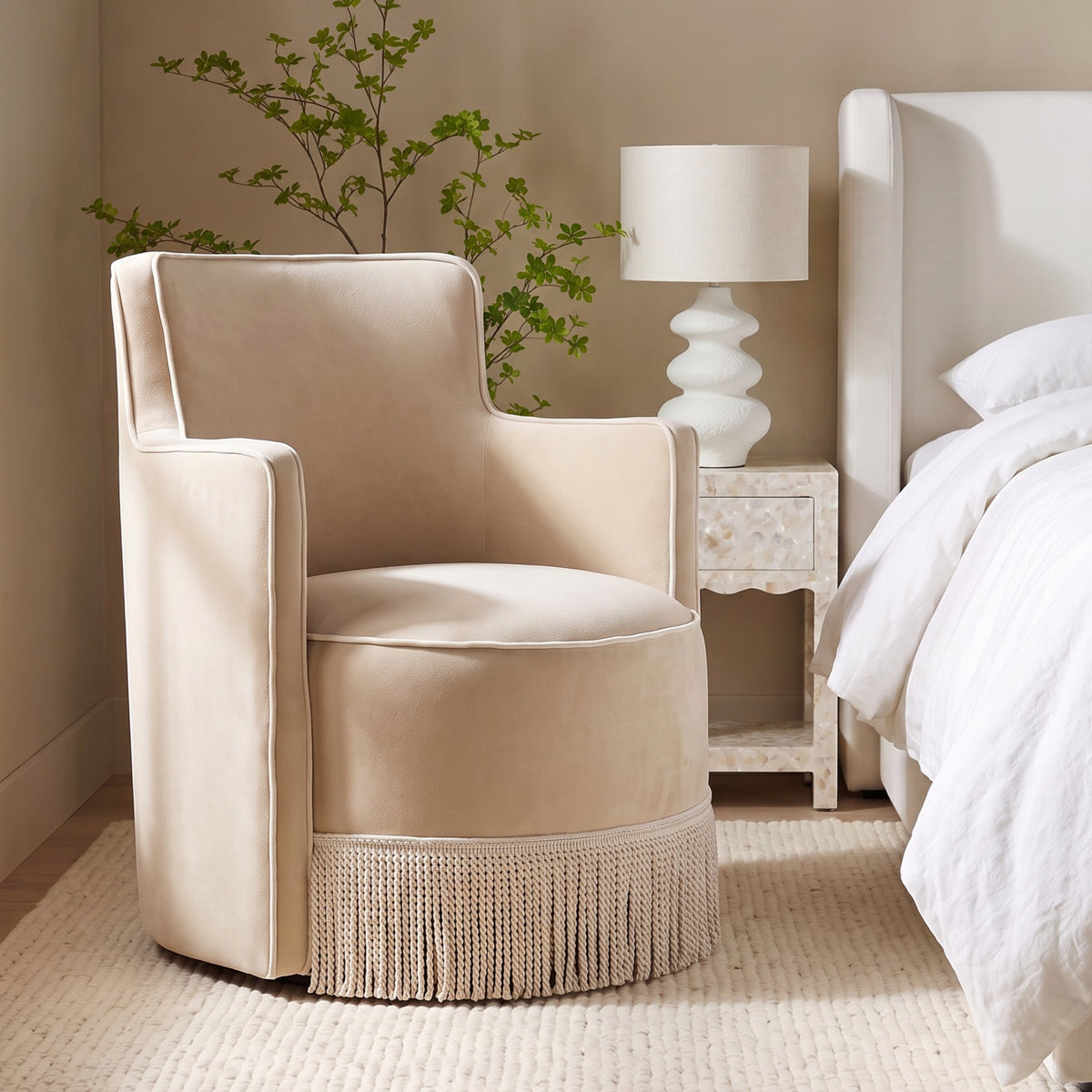 Passe Tasseled Velvet Swivel Accent Chair in Tan by TOV Furniture – photo 2 of 9