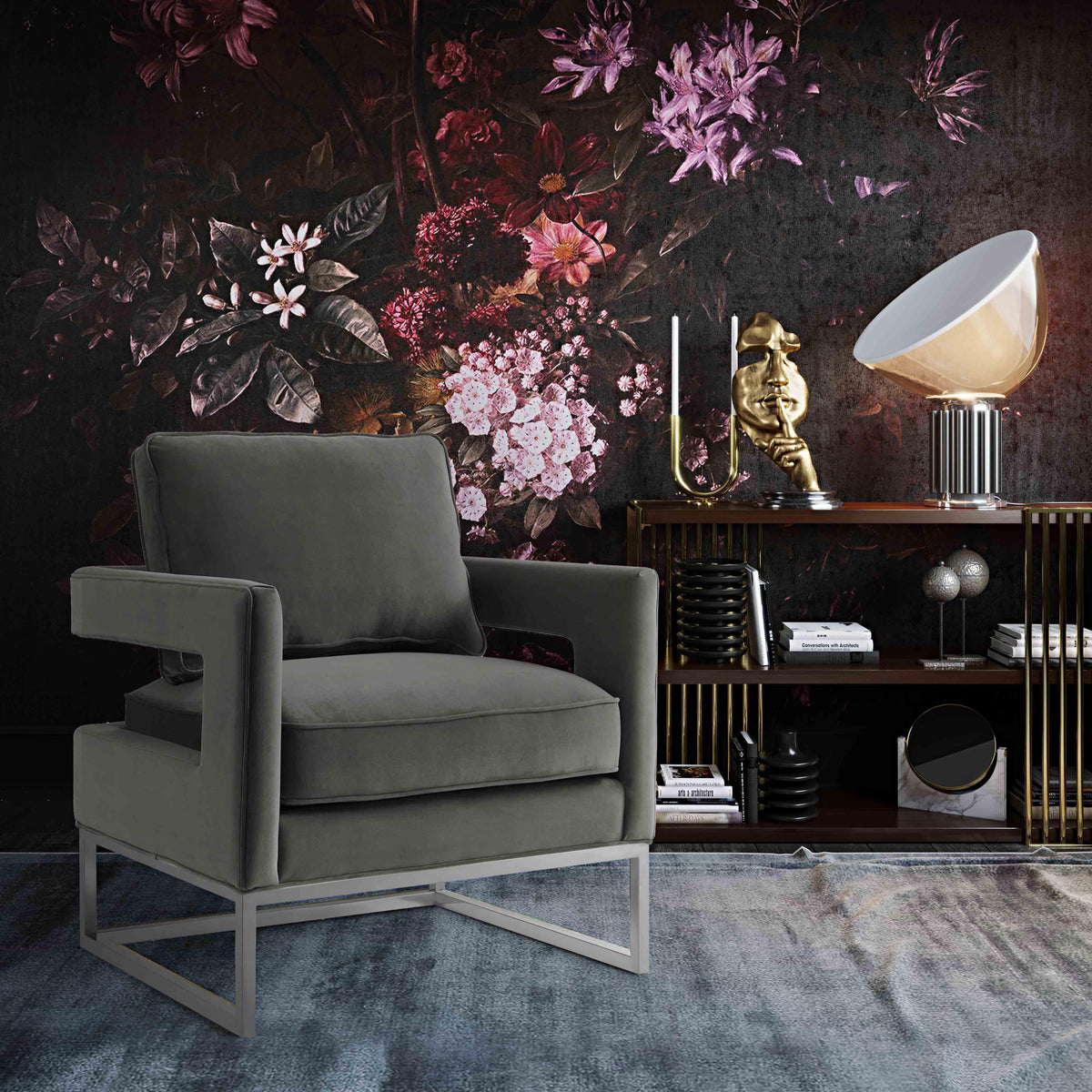 Avery Grey Performance Velvet Accent Chair with Silver Base by TOV Furniture – photo 2 of 6